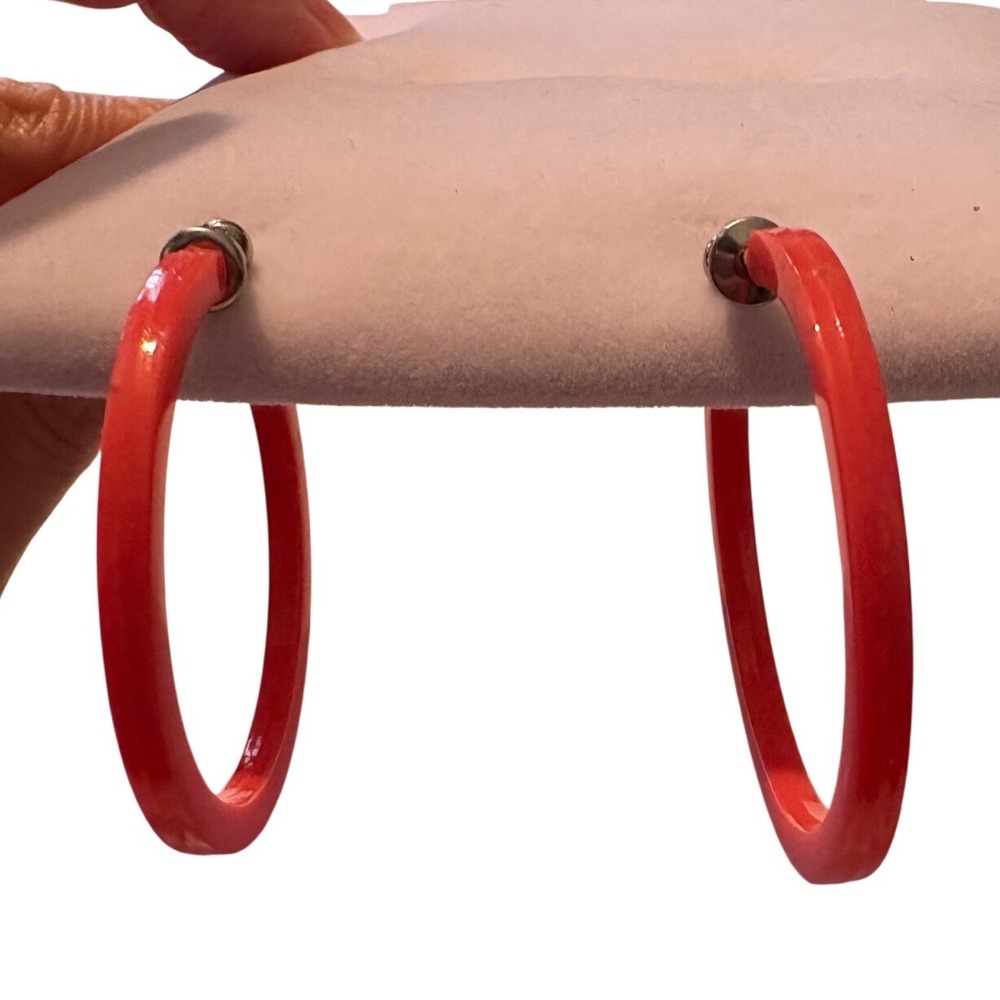 1970s Orange Plastic Hoop Earrings Silver Tone Post Back 1.25 Inch Round Glossy - Picture 3 of 10